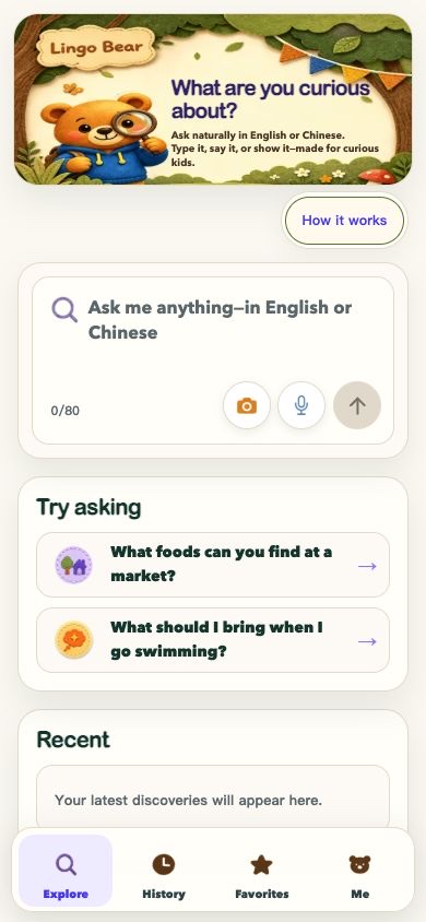 Lingo Bear Thinking Dictionary international homepage with the bear explorer, bilingual question box, and suggested prompts